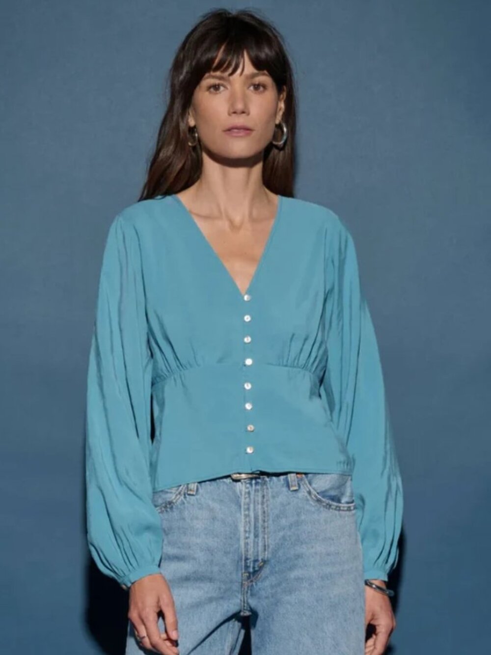 Nation LTD Lyla V-Neck Top in Adriatic Sea Blue - Size M
